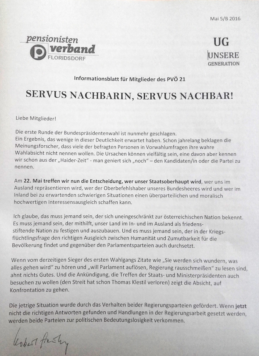 Schreiben vom Pensionisten Verband Floridsdorf